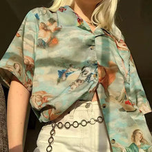 画像をギャラリービューアに読み込む, angel pattern short sleeve shirt / エンジェル 天使柄 開襟シャツ オープンカラー 総柄シャツ 半袖 エメラルド系 レディース ブラウス トップス 昭和レトロ スピリチュアル 原宿 韓国 夏物