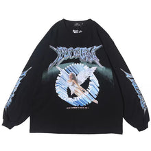 画像をギャラリービューアに読み込む, 【ハードコア天使】 hardcore angel long sleeve black shirt / サブカル柄 袖デザイン 袖ライン ロングTシャツ ロンT 長袖 黒Tシャツ ドロップショルダー ゆったり オーバーサイズ レディース トップス 原宿 XL XXL 韓国 春物 ストリート お洒落 K-POP 春物 秋物