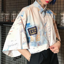 画像をギャラリービューアに読み込む, world map pattern short sleeve white shirt / 世界地図 総柄シャツ 白シャツ 半袖 トップス ブラウス レディース 原宿 韓国 猫グッズ XL ゆったり オーバーサイズ 海外旅行