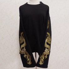画像をギャラリービューアに読み込む, golden dragon embroidery long sleeve black shirt / 金刺繍 金龍柄 竜柄 ドラゴン刺繍 スカシャツ ロングTシャツ ロンT 黒Tシャツ Tシャツワンピース モノトーン ゆったり 長袖 レディースブラウス トップス 昭和レトロ 原宿 オーバーサイズ 韓国 春物 秋物