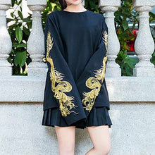 画像をギャラリービューアに読み込む, golden dragon embroidery long sleeve black shirt / 金刺繍 金龍柄 竜柄 ドラゴン刺繍 スカシャツ ロングTシャツ ロンT 黒Tシャツ Tシャツワンピース モノトーン ゆったり 長袖 レディースブラウス トップス 昭和レトロ 原宿 オーバーサイズ 韓国 春物 秋物