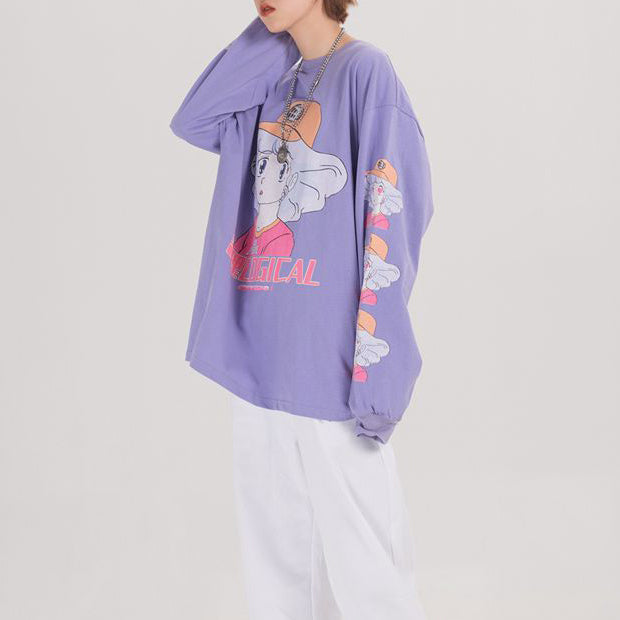 Japanese anime girl long sleeve purple T shirt / レトロガール 女の子 アニメ柄 サブカル ロングTシャツ ロンT 長袖 レディース ビッグシルエット 紫 M L XL 90s オタク 原宿ファッション かわいい ストリート 春物 秋物